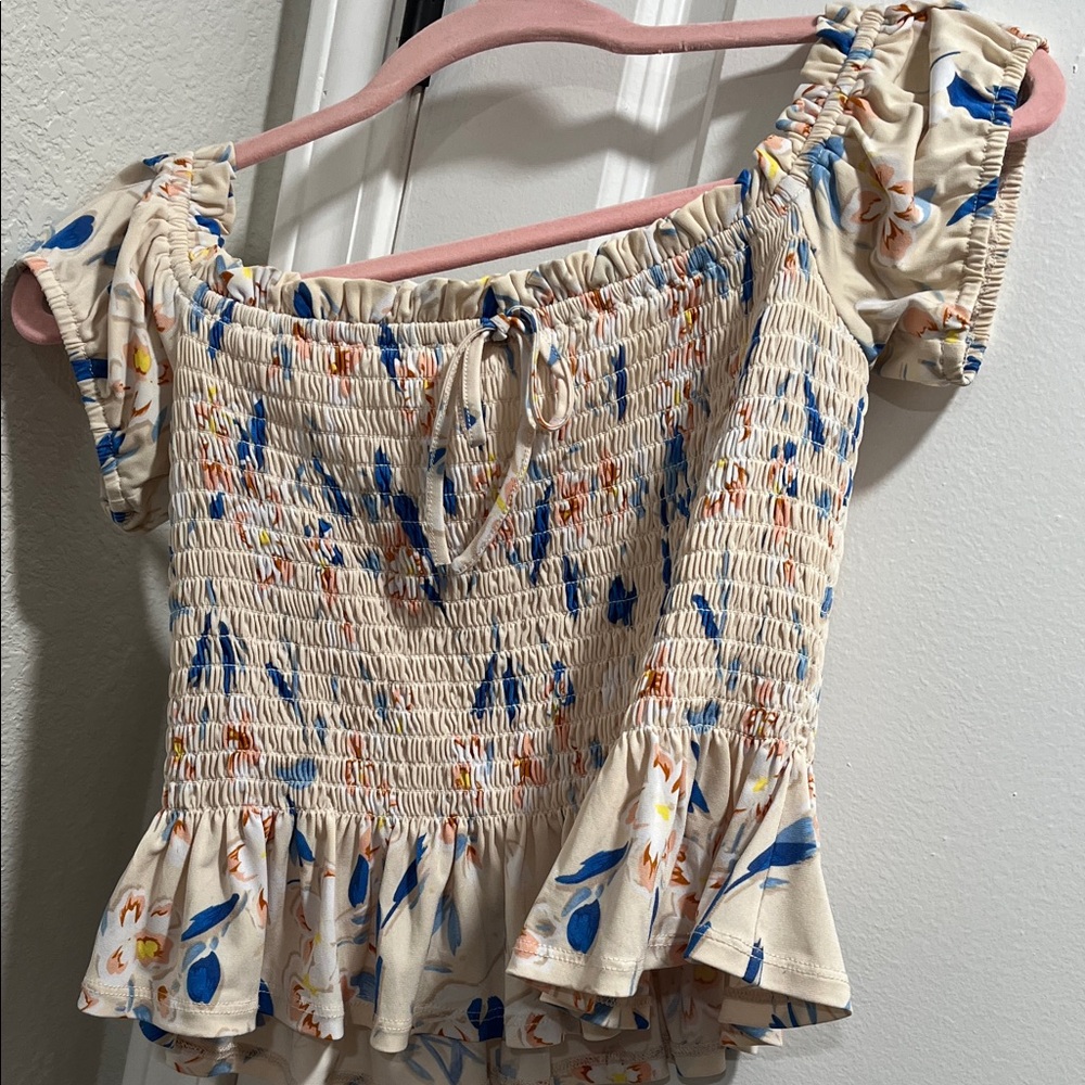 BCBGeneration Cream Floral Smocked Blouse